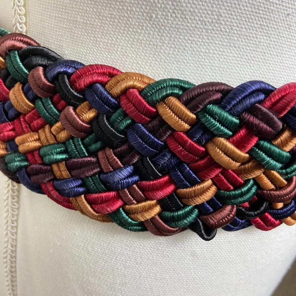 Vintage 80s/90s Wide Braided Belt Leather & Rayon Stretchy Size M